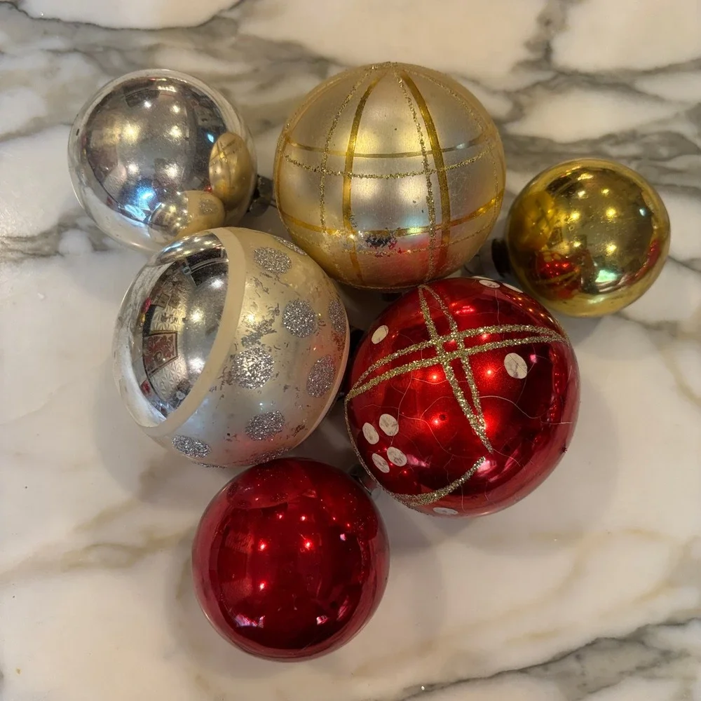 Assorted Vintage MCM Glass Ball Christmas Ornaments Red Gold Silver Set 6pc